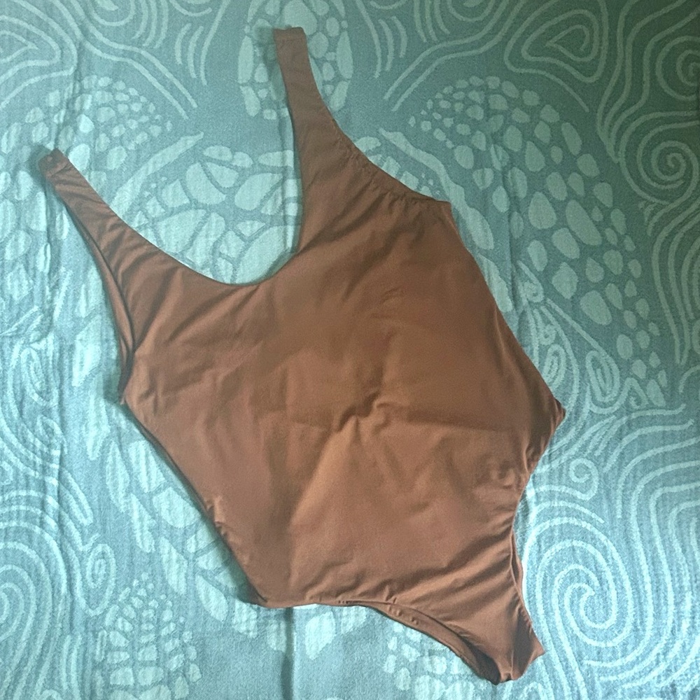 MAI Solid Brown Retro Inspired One Piece Cheeky Scoop Neck Low Back Swimsuit